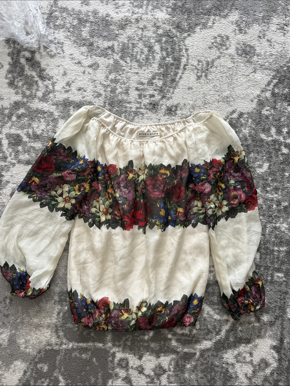 Alice + Olivia Ivory Off-Shoulder Blouse with Floral Border